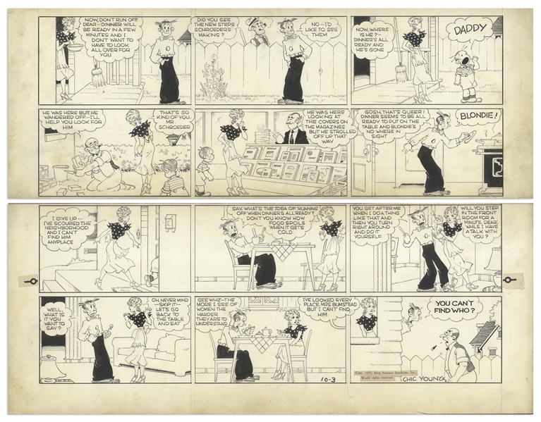 Chic Young Hand-Drawn ''Blondie'' Sunday Comic Strip From 1937 -- Dagwood Plays Lost and Found